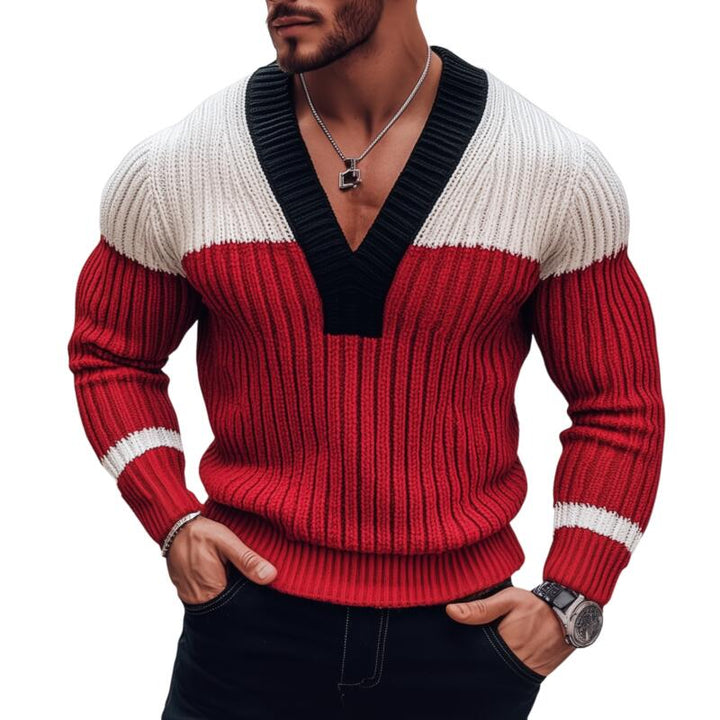 Męski Stylowy Sweter Pullover z Kontrastowymi Kolorami, Oddychający, Dzianinowy, Slim Fit MTA2838H0M