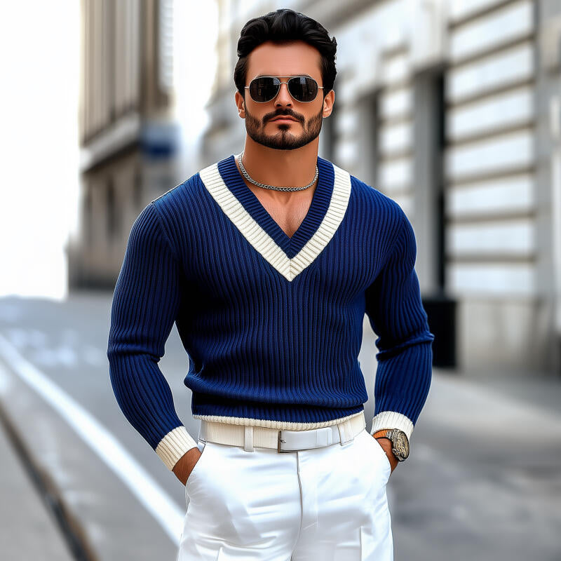 Męski Vintage Kontrastowy Sweter z V-dekoltem, Slim Fit, Długi Rękaw MTA2709H9M