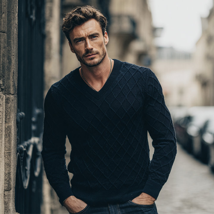 Męski sweter z dekoltem w serek w jednolitym kolorze z teksturą w romby MTA1351H3X