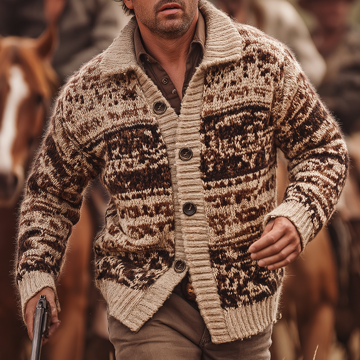 Męski Vintage Casual Western Ranch Sweter z Kołnierzem i Guzikami MTA1529H0TO