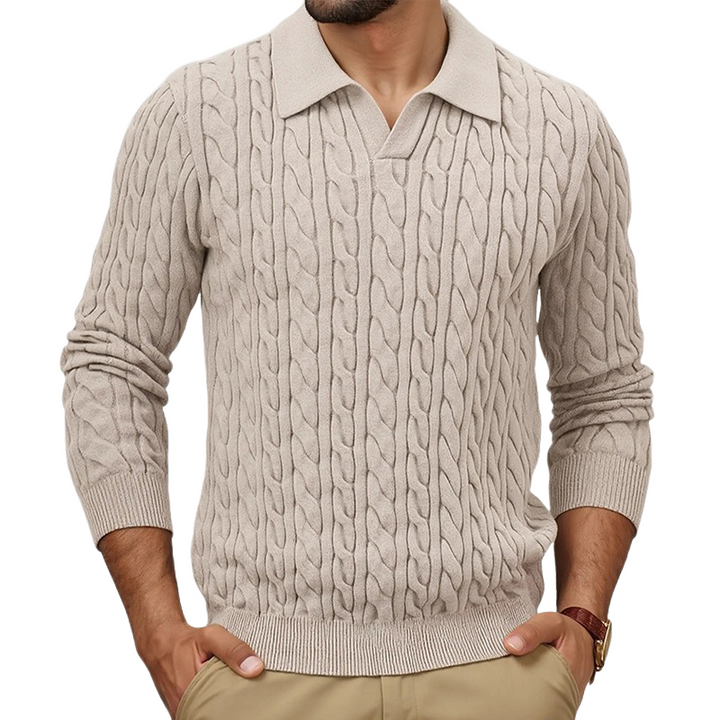 Męski sweter polo z dekoltem, slim fit, w jednolitym kolorze, z plecioną teksturą MTA1373H6X