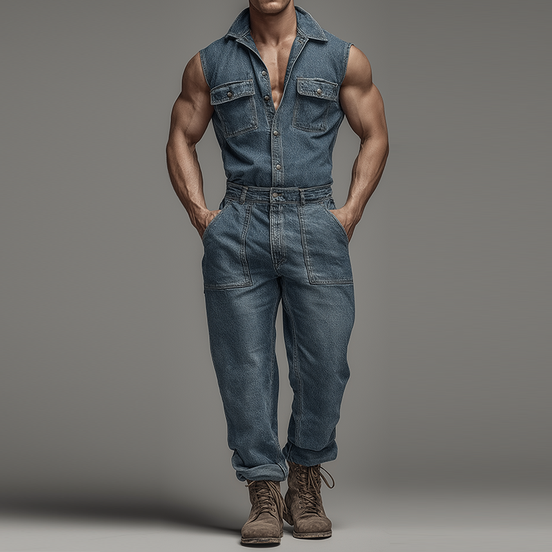 Męski Retro Casual Prany Dżinsowy Bezrękawnik z Kołnierzem MTA0440H4TO