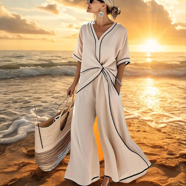 Joanna – Elegancki Kombinezon z Kontrastowym Wykończeniem