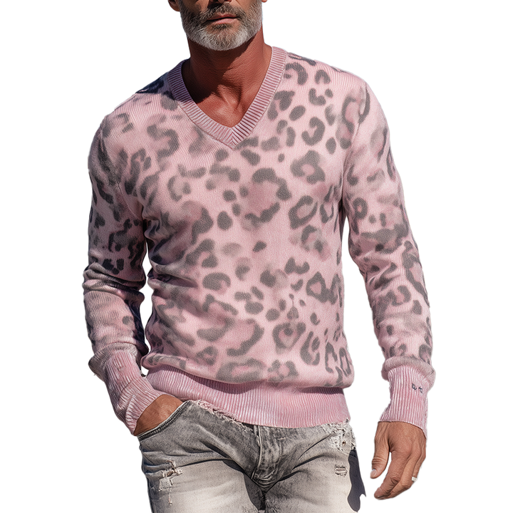 Męski Sweter Pleciony w Wzór Lamparta z Dekoltem w Kształcie V MTA1431H1P