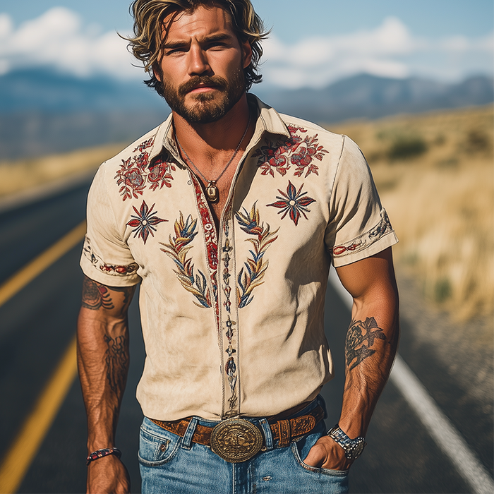 【24-godzinne wysyłanie】Męska retro westernowa koszula z krótkim rękawem, zamszowa, haftowana, idealna na wiosnę/lato MTA1533D2K