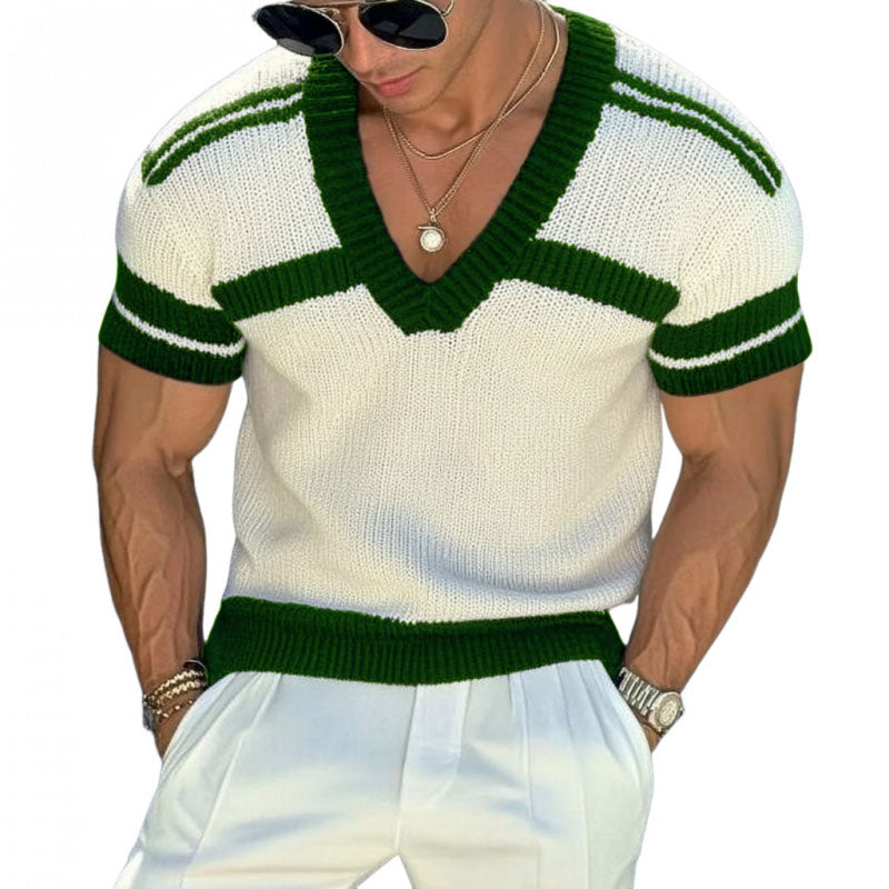 【24-godzinne dostarczenie】Męski sweter casualowy z dekoltem w serek, slim fit, krótkie rękawy, T-shirt dzianina 13072472M