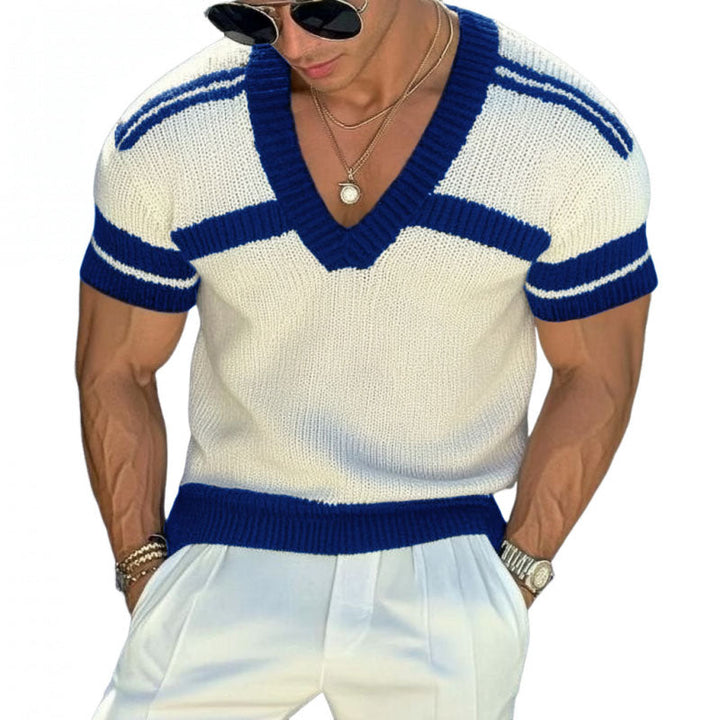 【24-godzinne dostarczenie】Męski sweter casualowy z dekoltem w serek, slim fit, krótkie rękawy, T-shirt dzianina 13072472M