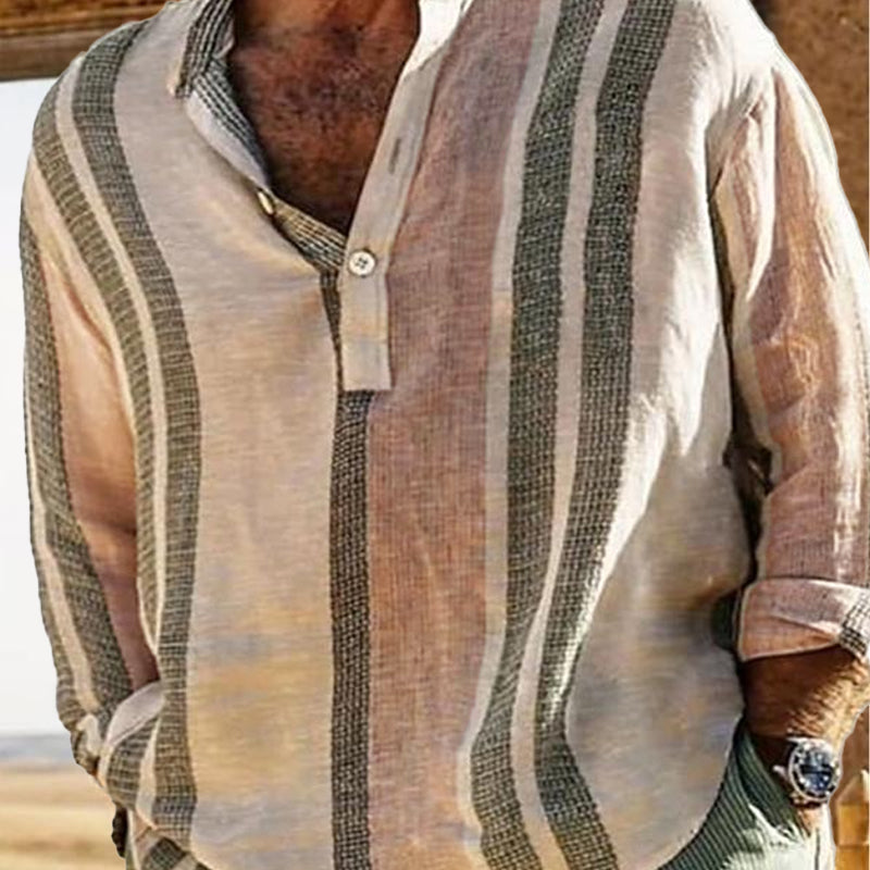 Lniana męska koszula w paski z dekoltem w serek - model 98320759X