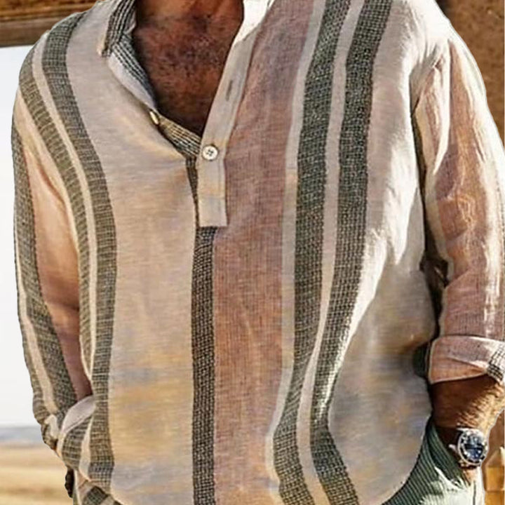 Lniana męska koszula w paski z dekoltem w serek - model 98320759X