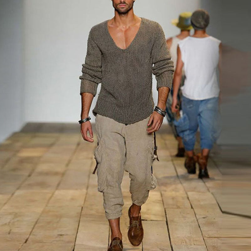 Męski sweter z luźnym splotem i dekoltem w kształcie V w jednolitym kolorze 18392900M