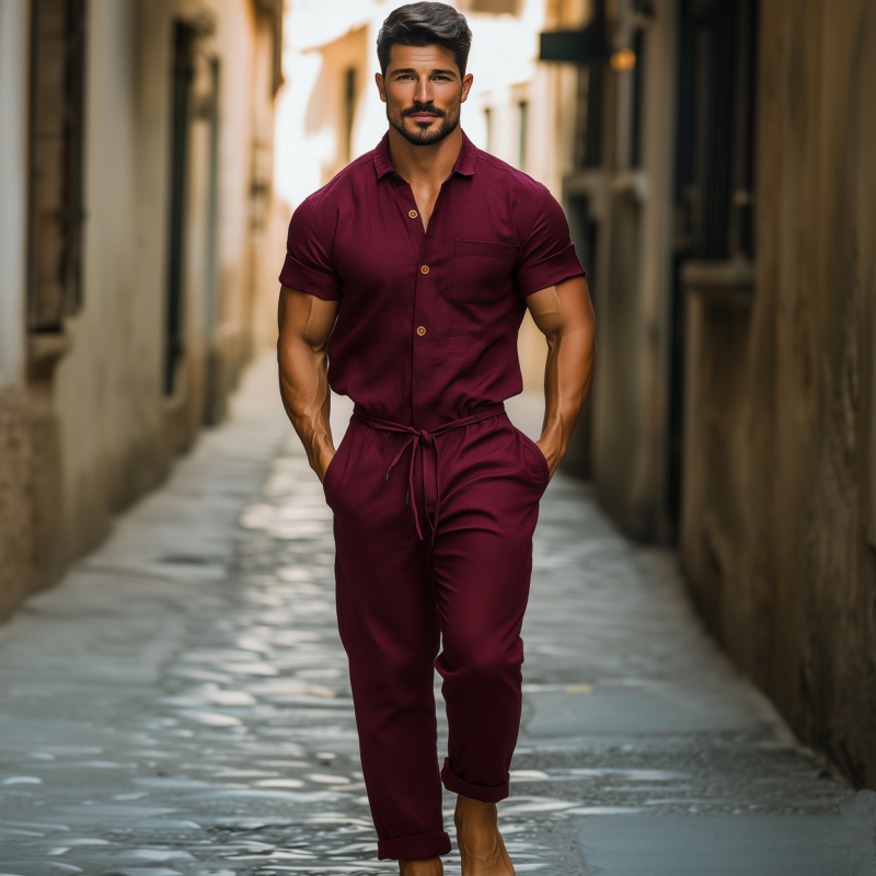 Męski Casual Oddychający Kombinezon Bawełniano-Lnianym z Kołnierzem i Kieszeniami na Krótkich Rękawach MTA1395F0M