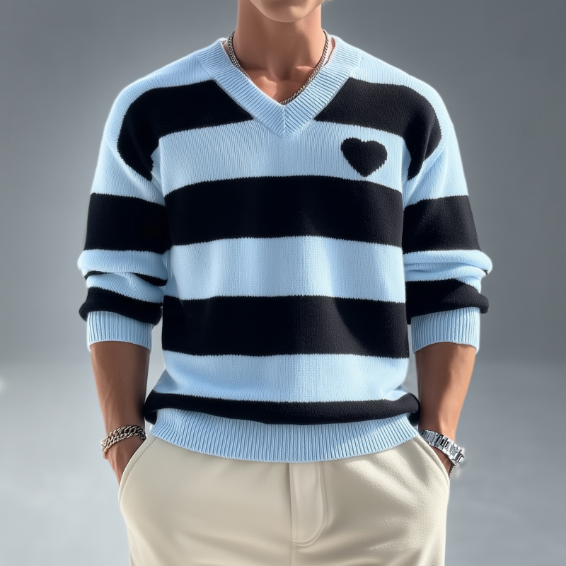 Męski sweter casual z dekoltem w serek, luźny, dziany, z długim rękawem MTA3127G5M