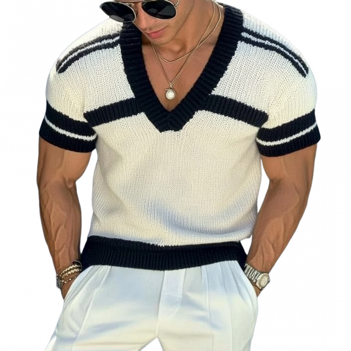 【24-godzinne dostarczenie】Męski sweter casualowy z dekoltem w serek, slim fit, krótkie rękawy, T-shirt dzianina 13072472M