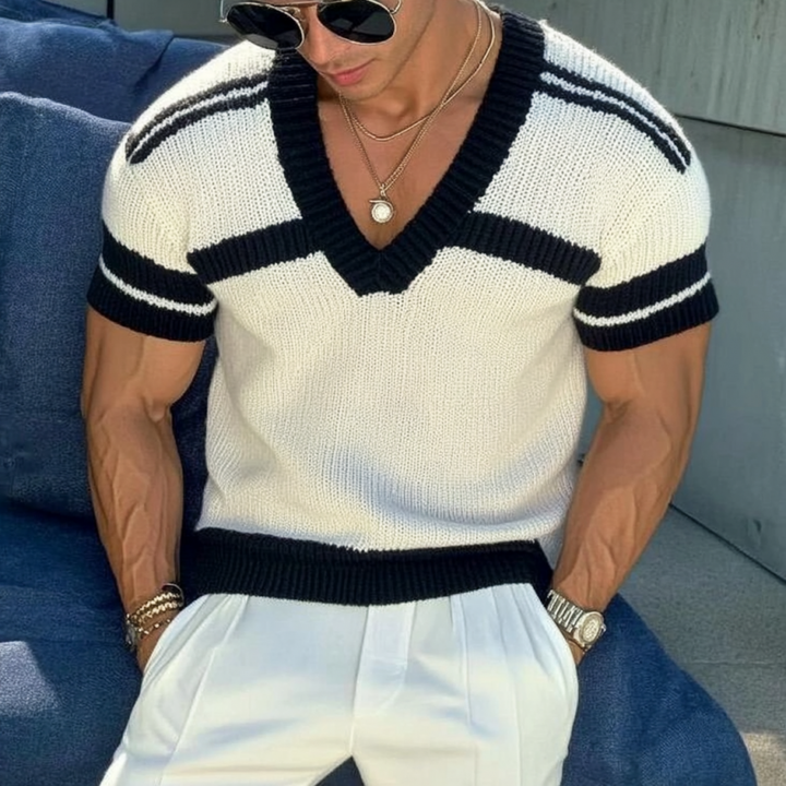 【24-godzinne dostarczenie】Męski sweter casualowy z dekoltem w serek, slim fit, krótkie rękawy, T-shirt dzianina 13072472M