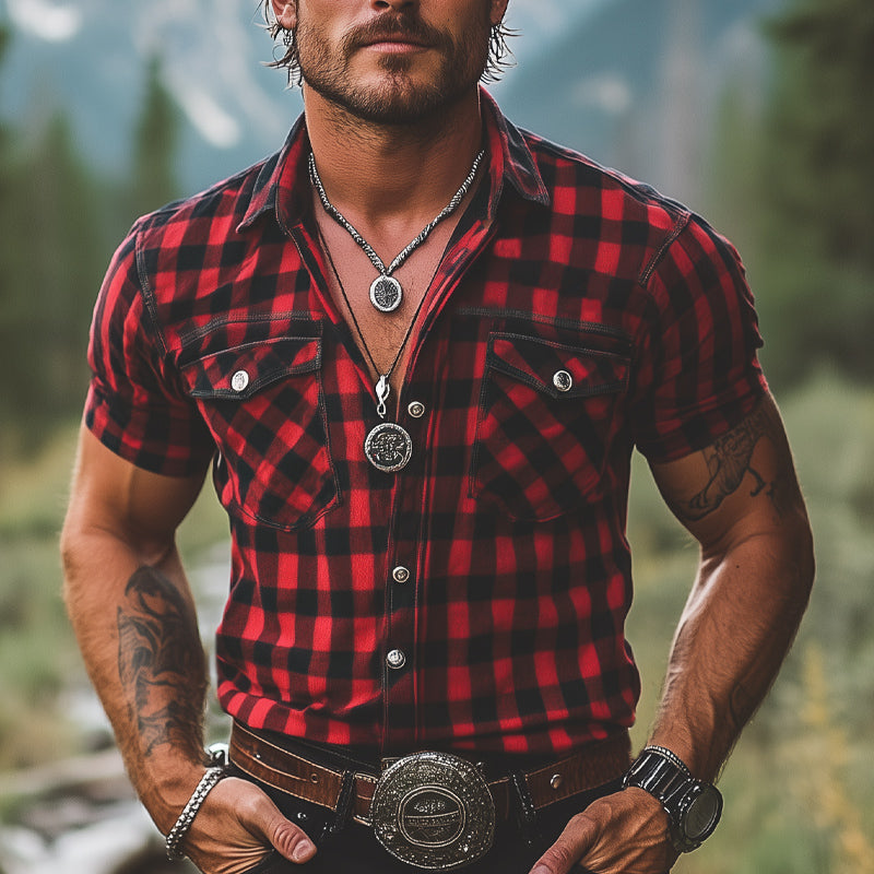 Letnia męska koszula w kratę w czerwono-czarnym kolorze z krótkim rękawem i guzikami - model MTA2678E3U