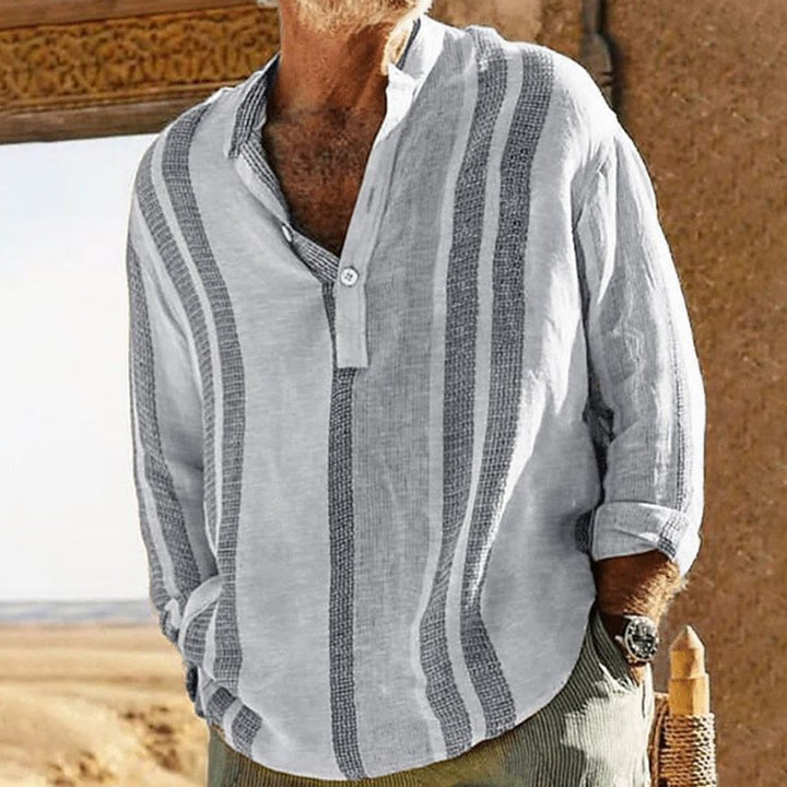 Lniana męska koszula w paski z dekoltem w serek - model 98320759X