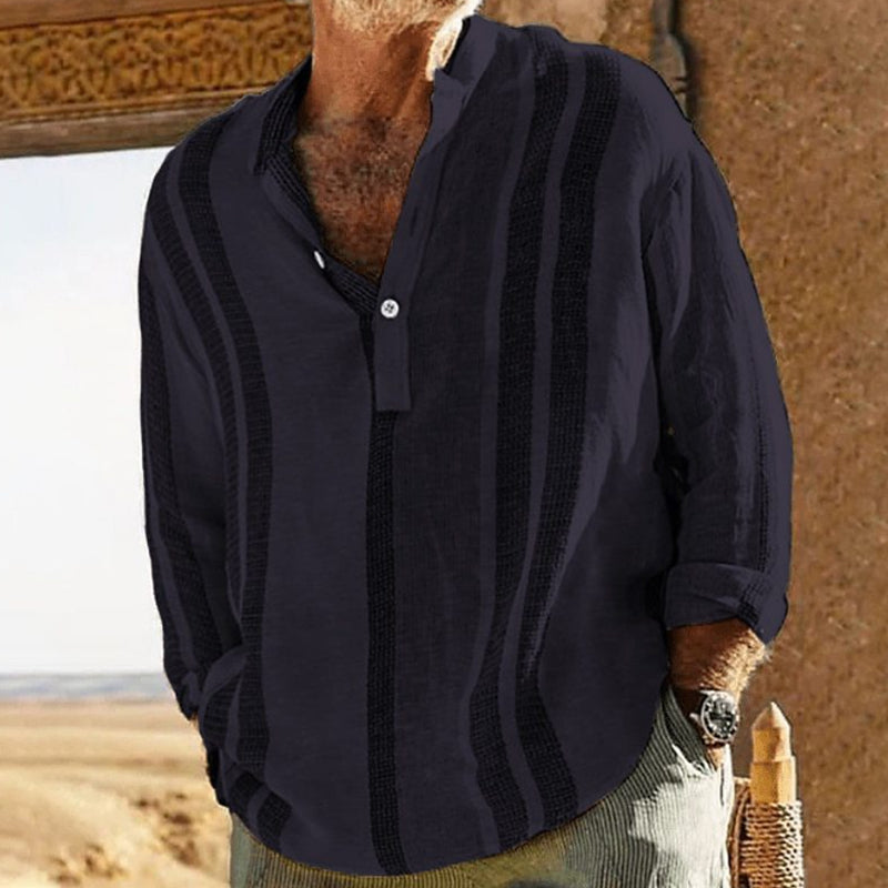 Lniana męska koszula w paski z dekoltem w serek - model 98320759X