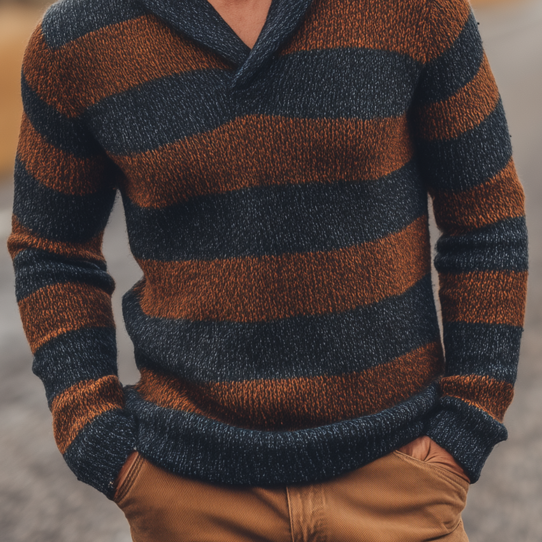 Męski klasyczny casual sweter z dekoltem w serek w kontrastowe paski, slim-fit MTA3077H8K