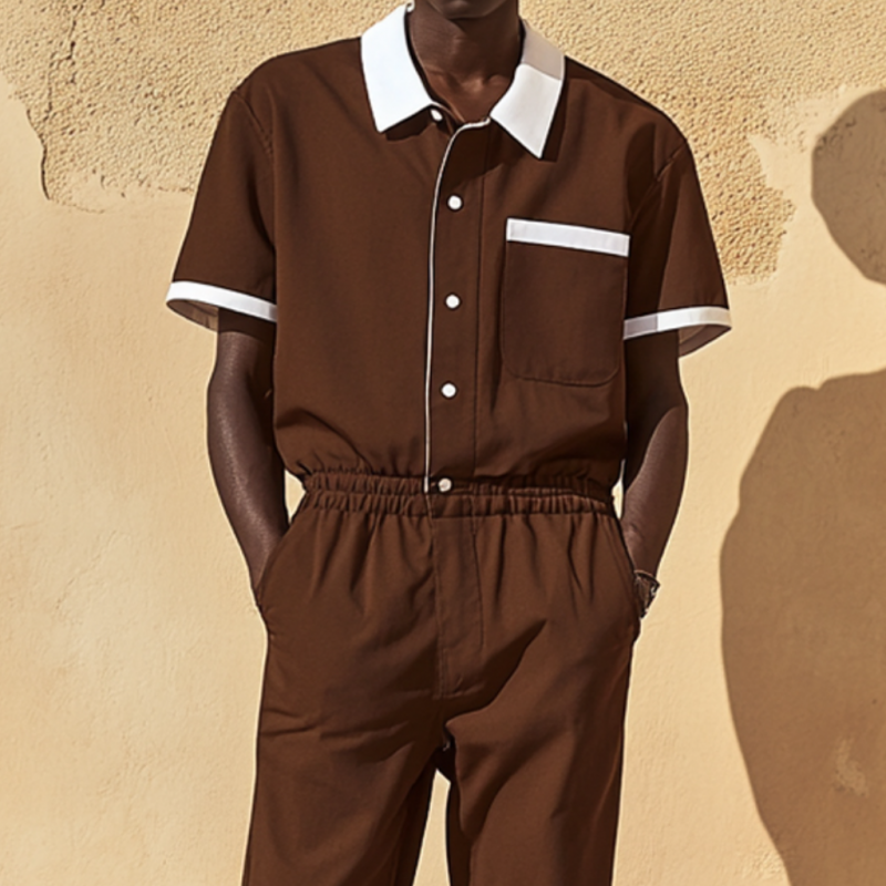Męski Casualowy Kombinezon z Bawełny z Kolorowymi Blokami, z Kołnierzem i Kieszeniami, Krótki Rękaw, Slim MTA2694E2M