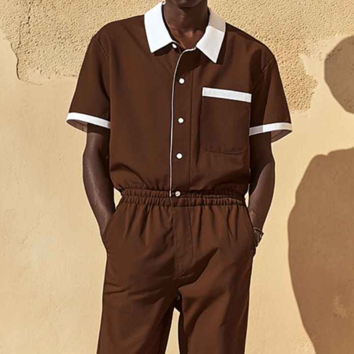 Męski Casualowy Kombinezon z Bawełny z Kolorowymi Blokami, z Kołnierzem i Kieszeniami, Krótki Rękaw, Slim MTA2694E2M