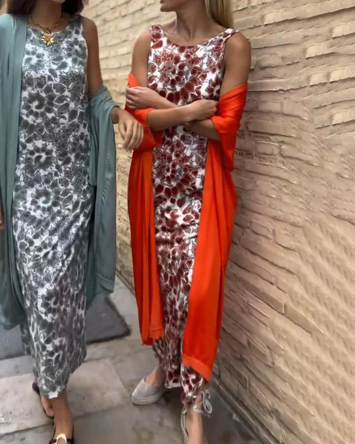 Božena | Elegancka Długa Sukienka z Dopasowanym Kardiganem