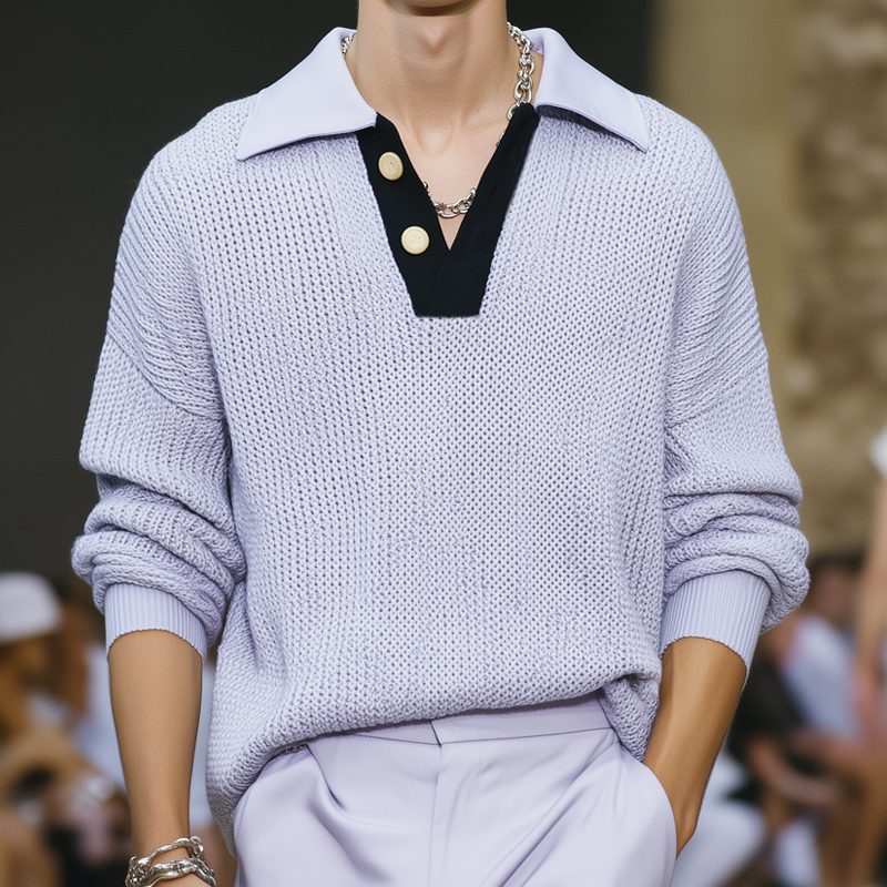 Męski klasyczny, casualowy, luźny sweter z dekoltem w serek MTA2939H5U