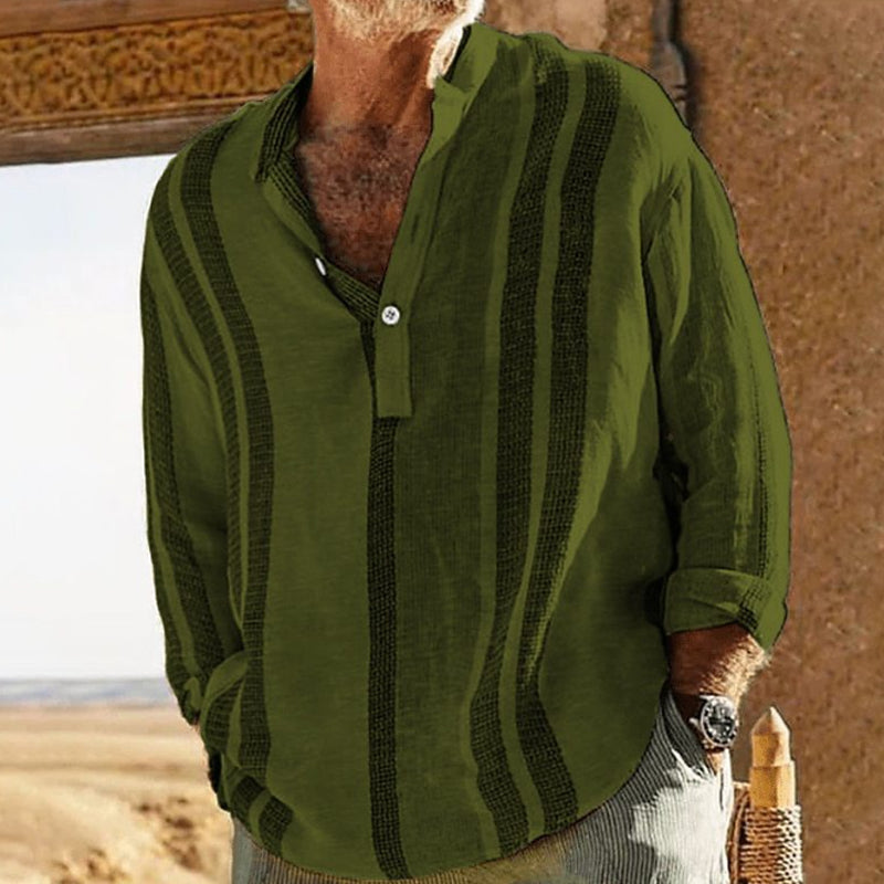 Lniana męska koszula w paski z dekoltem w serek - model 98320759X