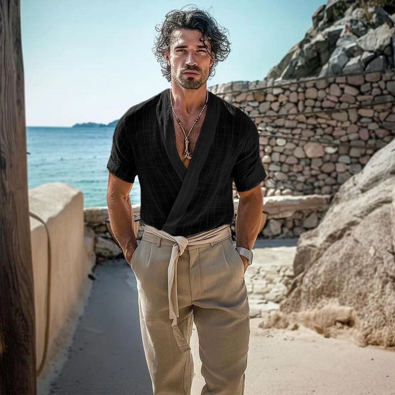 Retro męska koszulka z krótkim rękawem, okrągły dekolt, surowe wykończenie - model 58726427Y