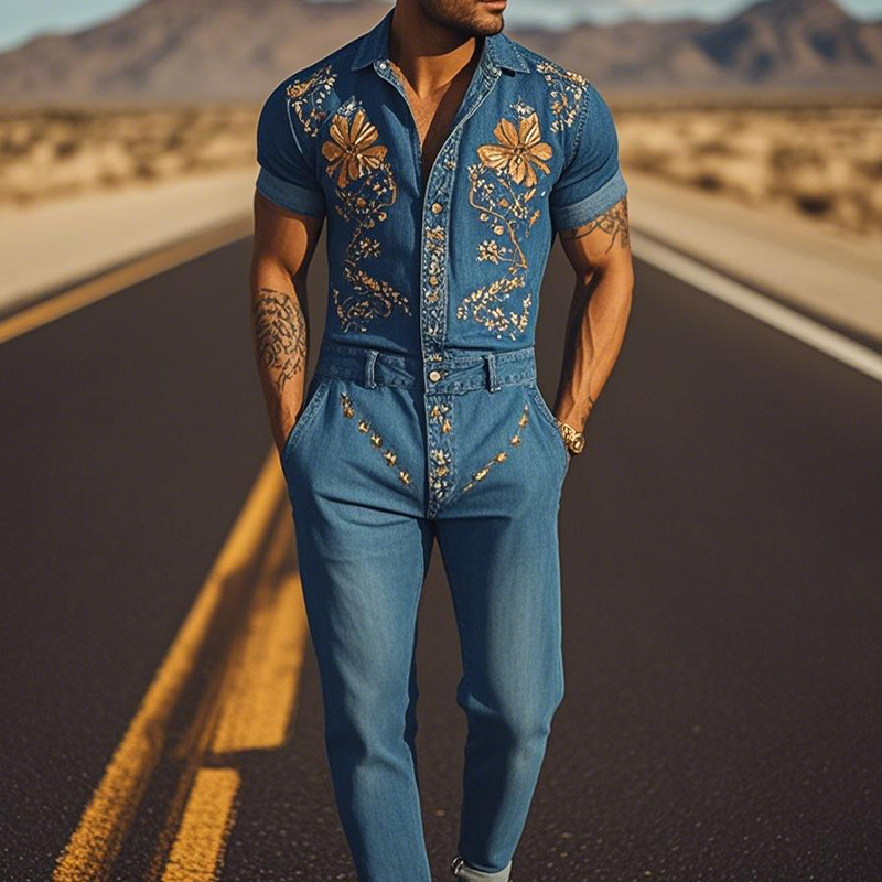 【24-godzinne wysyłanie】Męska letnia moda casual klasyczny styl western Tencel dżinsy haftowany kombinezon MTA1244D2K
