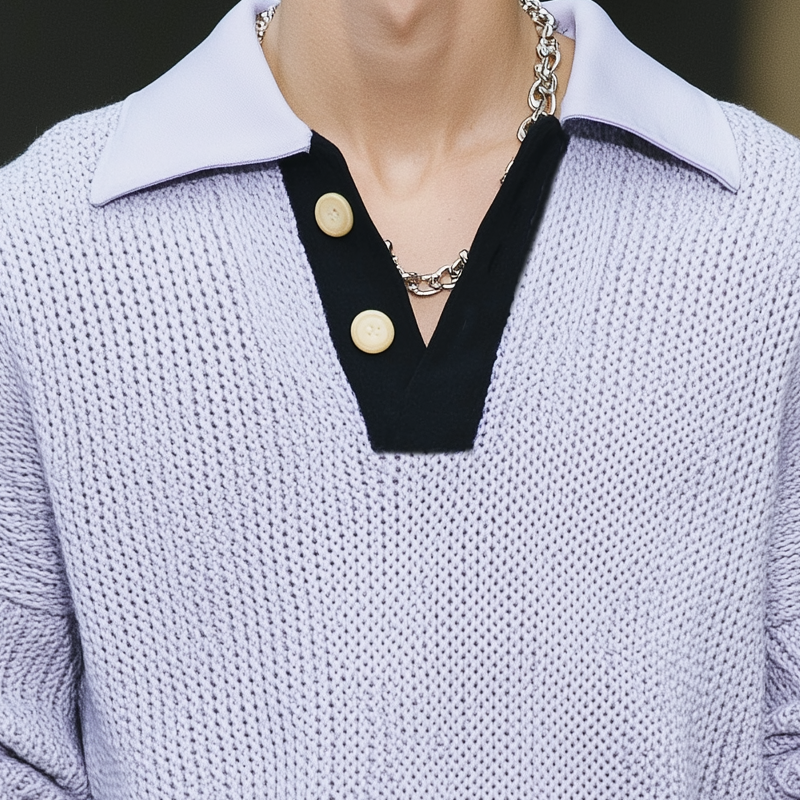 Męski klasyczny, casualowy, luźny sweter z dekoltem w serek MTA2939H5U