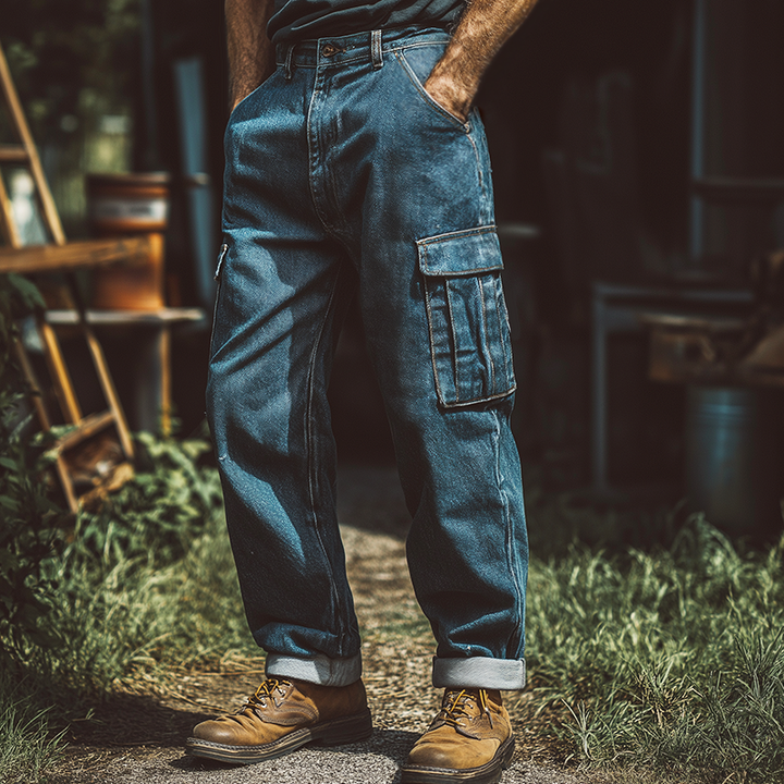 Męskie Retro Casual Prane Zniszczone Dżinsowe Spodnie Cargo na Zewnątrz MTA3186G1TO