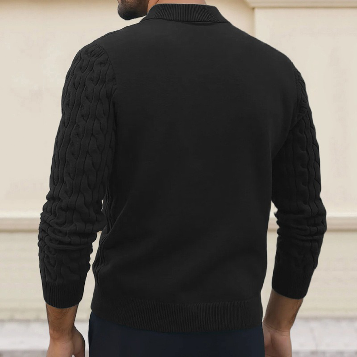 Męski sweter polo z dekoltem, slim fit, w jednolitym kolorze, z plecioną teksturą MTA1373H6X