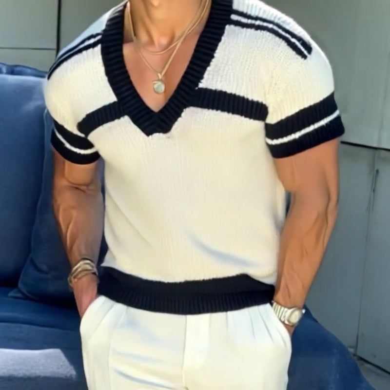 【24-godzinne dostarczenie】Męski sweter casualowy z dekoltem w serek, slim fit, krótkie rękawy, T-shirt dzianina 13072472M