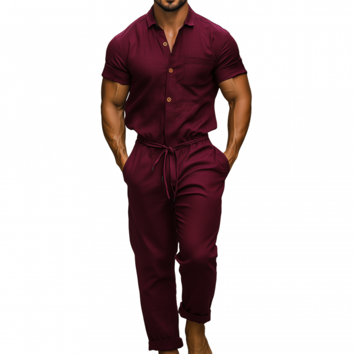 Męski Casual Oddychający Kombinezon Bawełniano-Lnianym z Kołnierzem i Kieszeniami na Krótkich Rękawach MTA1395F0M