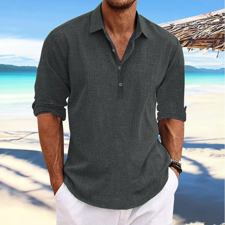 Męska Casual Pullover Koszula z Kołnierzykiem, Długie Rękawy z Lnu i Bawełny - Model 41061054Y