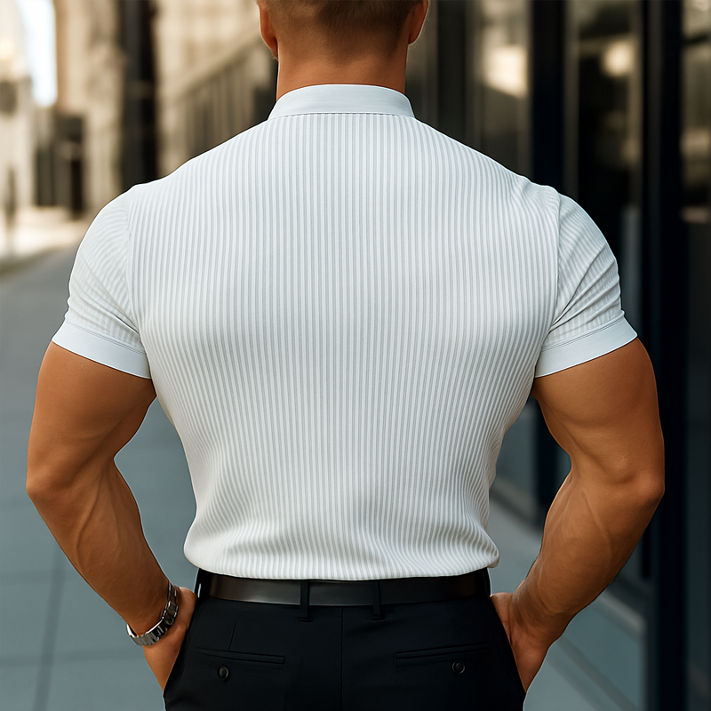 Męska Koszula Krótki Rękaw w Paski z Kołnierzykiem Stojącym MTA1770D4Z