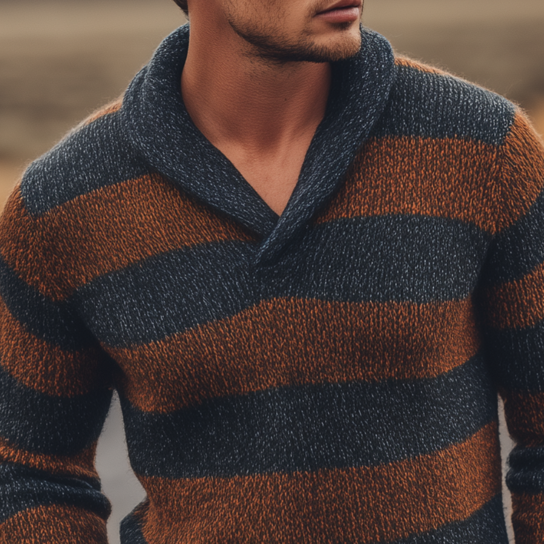 Męski klasyczny casual sweter z dekoltem w serek w kontrastowe paski, slim-fit MTA3077H8K