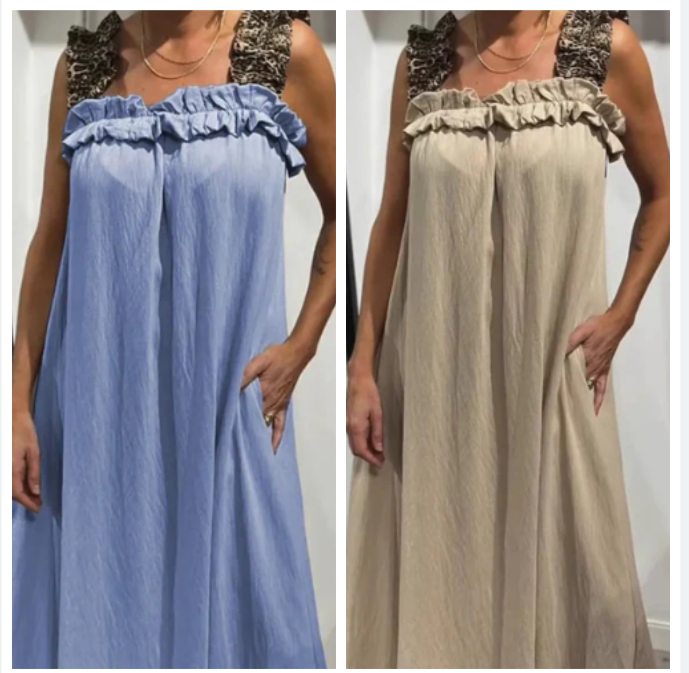 Klara | Lekka Maxi Sukienka na Ramiączkach z Kieszeniami