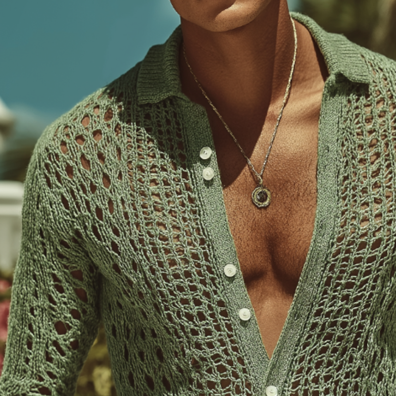 Męska Retro Casual Koszula z Długim Rękawem w Stylu Hollow Knit MTA2892G7TO