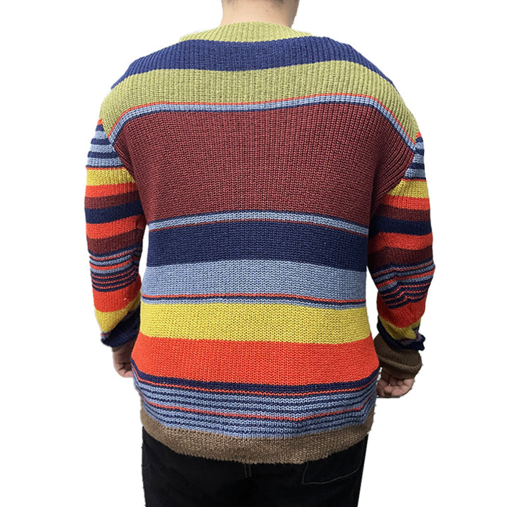 Męski vintage sweter z dekoltem w serek w tęczowe paski 10689080X