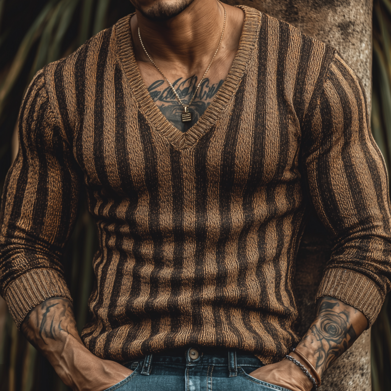 Męski Vintage Kontrastowy Sweter z Pionowymi Pasami w Dekolcie Slim Fit MTA1877H4M