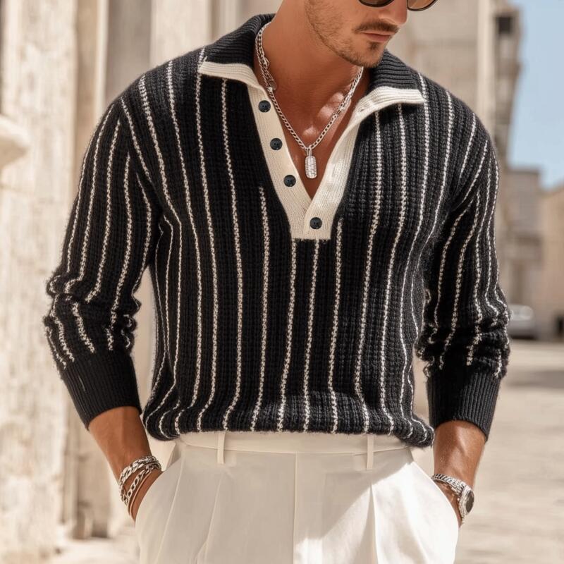 Męski sweter polo z kontrastowymi paskami, oddychający, luźny pulower MTA2815H4M