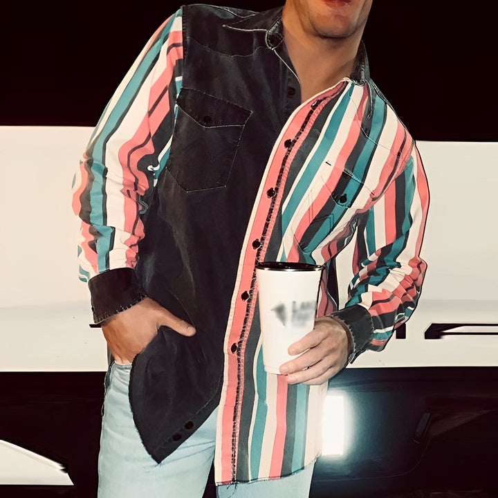 Luźna męska koszula retro z kolorowym nadrukiem w blokach, długi rękaw - model 57994496M