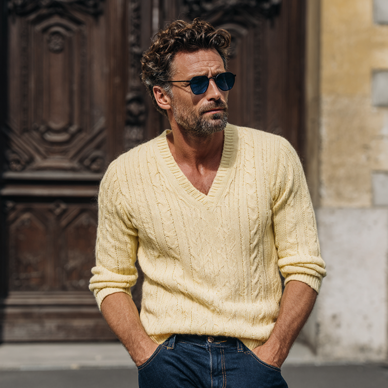 Męski sweter dzianinowy w jednolitym kolorze, z dekoltem w kształcie V MTA1362H2X