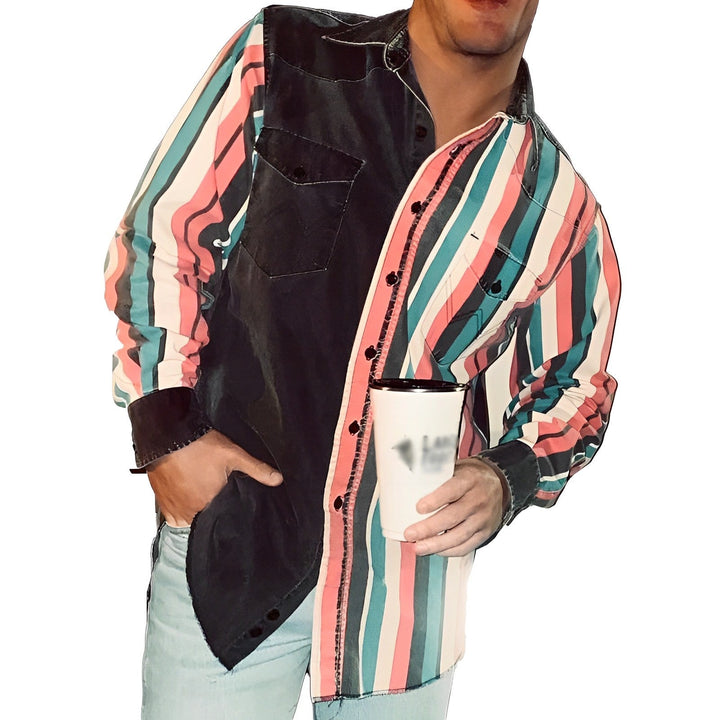 Luźna męska koszula retro z kolorowym nadrukiem w blokach, długi rękaw - model 57994496M