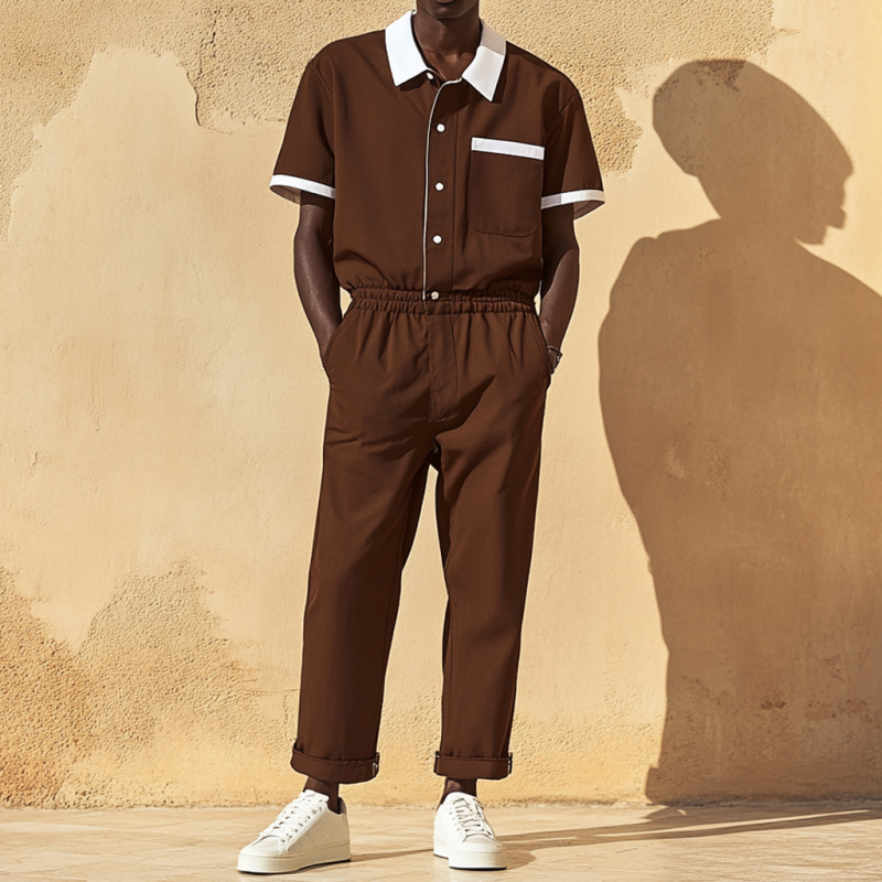 Męski Casualowy Kombinezon z Bawełny z Kolorowymi Blokami, z Kołnierzem i Kieszeniami, Krótki Rękaw, Slim MTA2694E2M