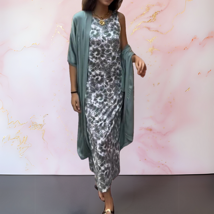 Božena | Elegancka Długa Sukienka z Dopasowanym Kardiganem