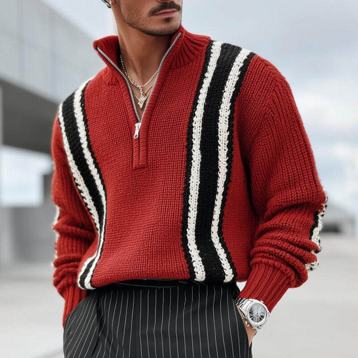 Męski Vintage Kontrastowy Sweter z Oddychającej Dzianiny z Zapięciem na Zamek i Stojącym Kołnierzem MTA2841H3M