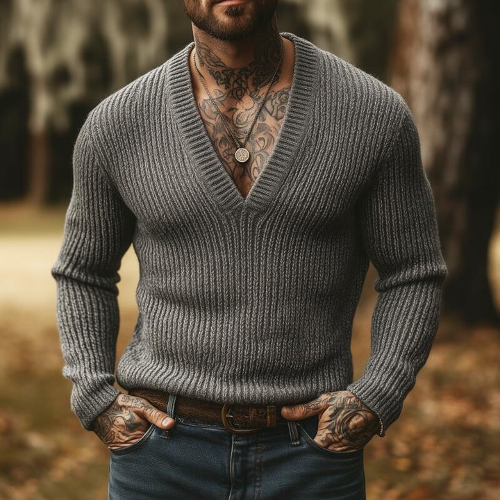 Męski sweter z dekoltem w serek, oddychający, slim fit, jednokolorowy MTA2855H8M