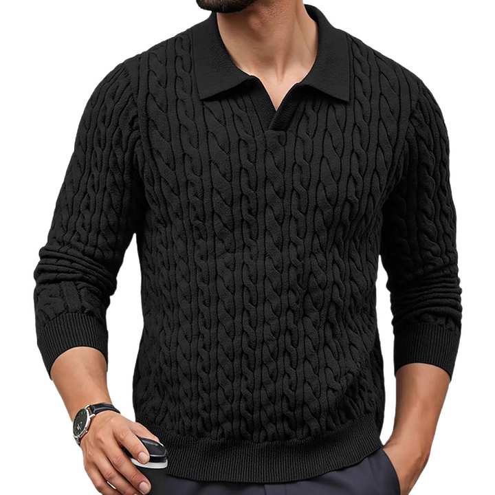 Męski sweter polo z dekoltem, slim fit, w jednolitym kolorze, z plecioną teksturą MTA1373H6X